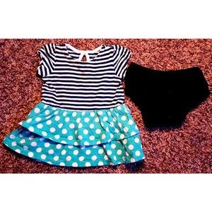 Girl's Size 3 M 0-3 Months 2 PC Navy White Green Striped Dot Cherokee Dress + DC